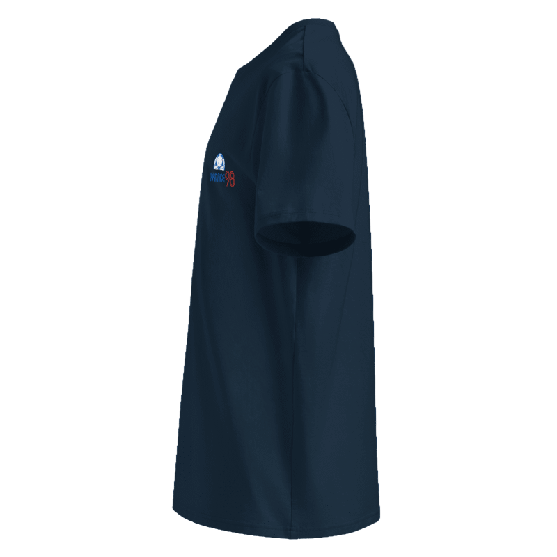 Navy blue shirt with a logo on the sleeve against a white background